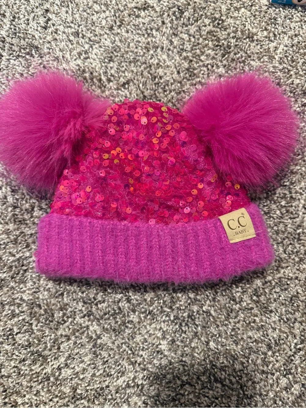 C.C Baby Pink Sequin Double Pom Beanie